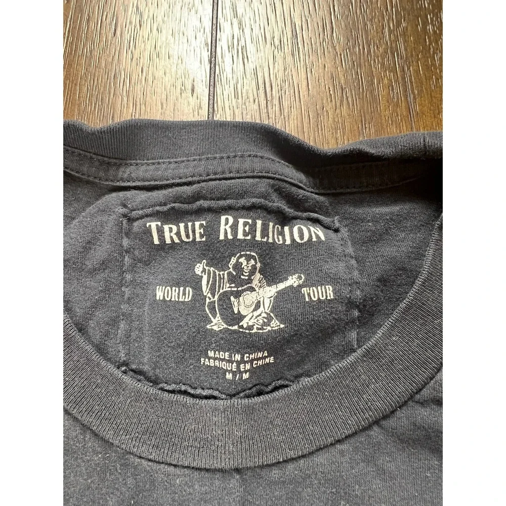 True Religion Mens World Tour Buddha Graphic T-Shirt Black Gold Size M Short Slv